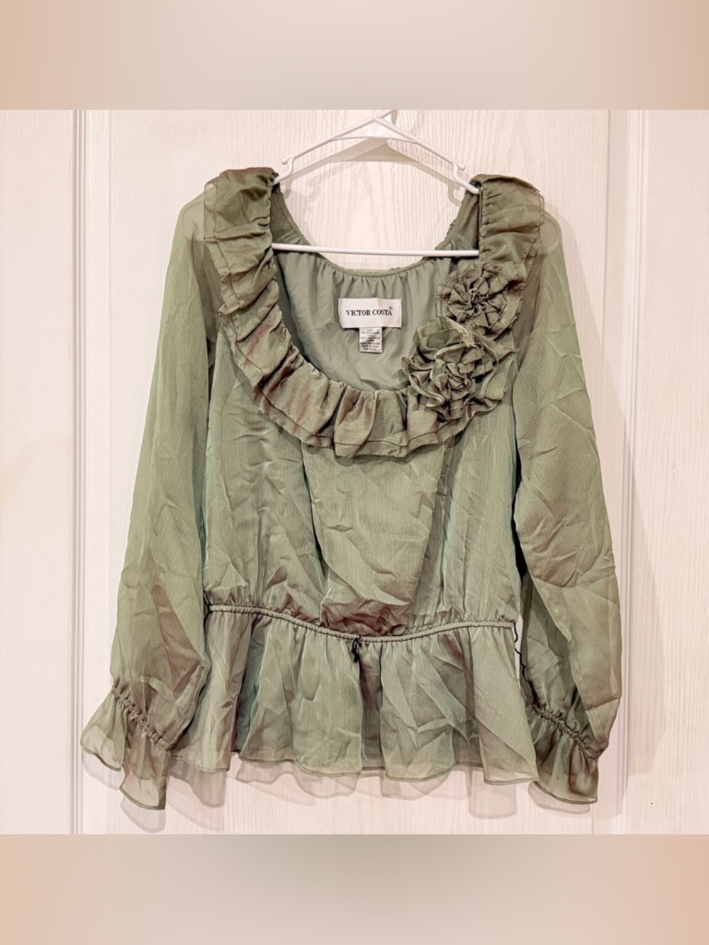 FINAL PRICE Victor Costa Olive Green Ruffled Off-Shoulder Peplum Blouse